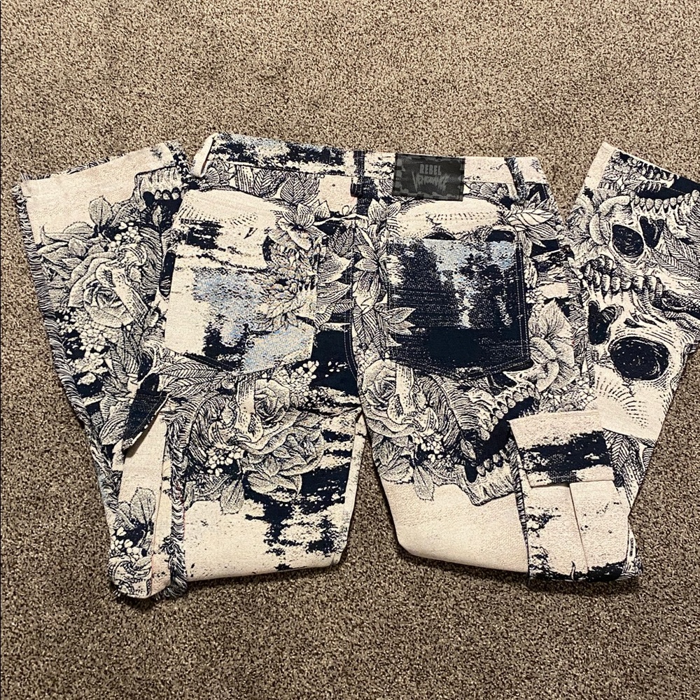“Rebel Vengence” Skull Print Canvas Brocade Cargo Pants